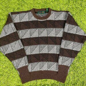 Vintage 80s Grandpa Core Colorblock Striped Wool Knit Crewneck Sweater